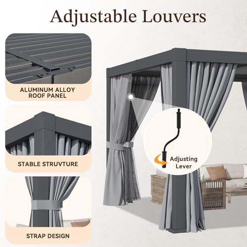 Jolydale Louvered Pergola 12ft x 20ft Aluminum with Adjustable Top Gray