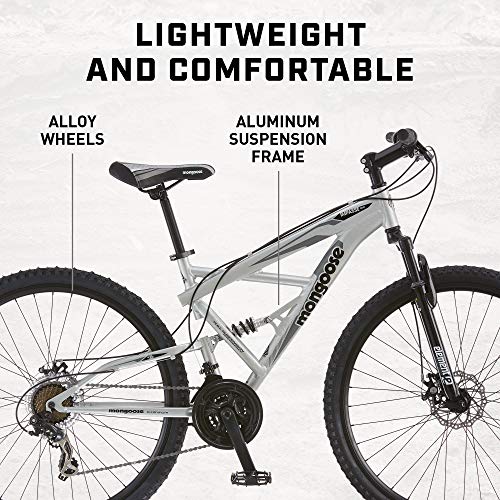 Mongoose Impasse Full Suspension Mountain Bike 18-Inch Aluminum Frame 29-Inch Wheels Silver