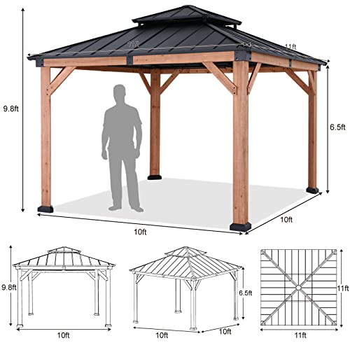 ABCCANOPY Wood Gazebo 11x11 Black - Outdoor Patio Wooden Gazebo with Hardtop Metal Double Roof