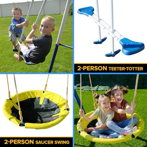 Sportspower Outdoor Super 8 Metal Swing Set with Slide & Swings Yellow/White/Blue