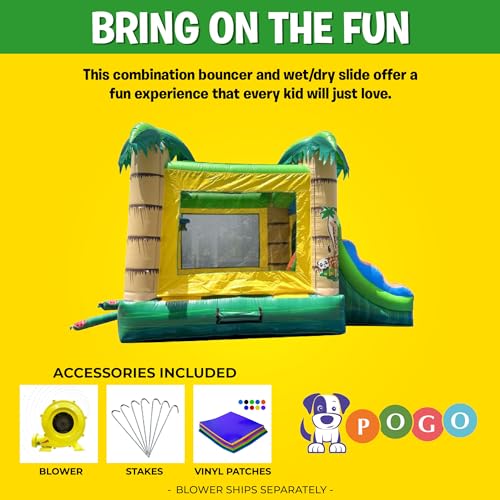 Pogo Bounce House Inflatable Jungle Castle with Slide Tropical Smiley Face