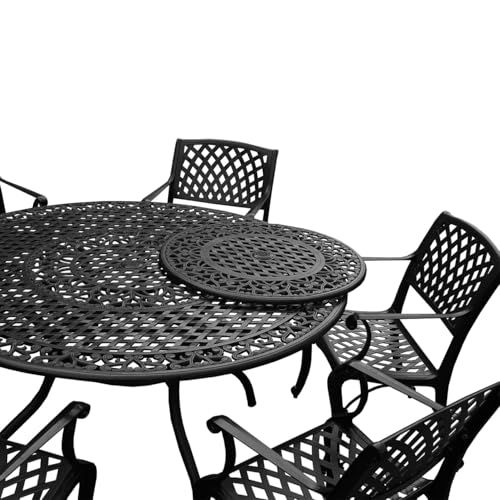 Oakland Living Modern Ornate Outdoor Mesh Aluminum 59-in Round Patio Dining Set with Lazy Susan and Six Chairs Black