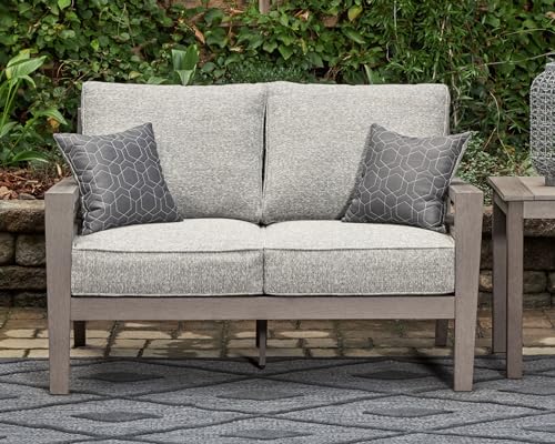Signature Design by Ashley Hillside Barn Weather Resistant Outdoor Loveseat with Cushion and Pillows Light Brown & Light Gray