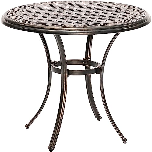 Hanover Fontana 3-Piece Bistro Set with Tan PVC Sling Swivel Rocker Chairs and 32" Round Cast-Top Table