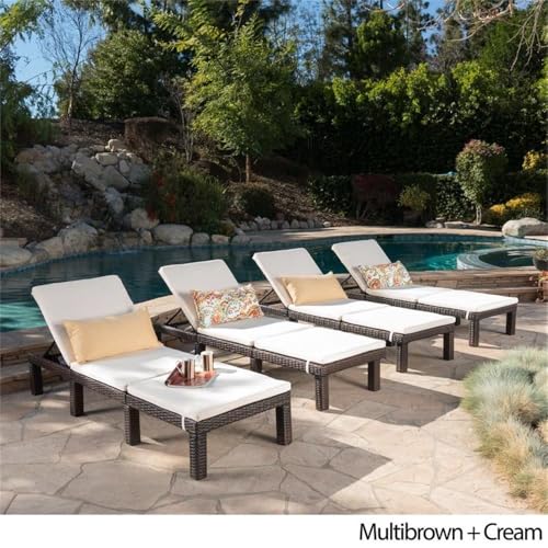Noble House Jamaica Multi-Brown Wicker Chaise Lounge with Cream Cushion (Set of 4)