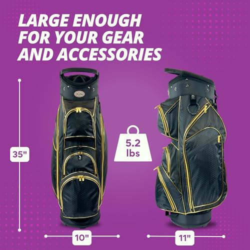 Taboo Fashions Women's Golf Bag Lightweight Ladies Cart Bag 14-Way 7 Zippered Pockets Rain Hood Insulated Beverage Compartment Black Gold