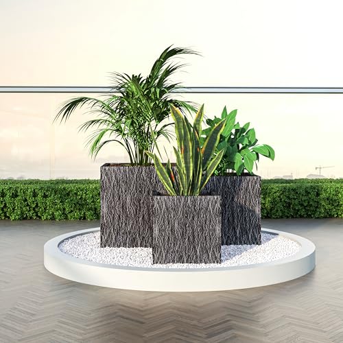LeisureMod Verdura Mid-Century Modern 3-Piece Fiberstone Planter Set Black