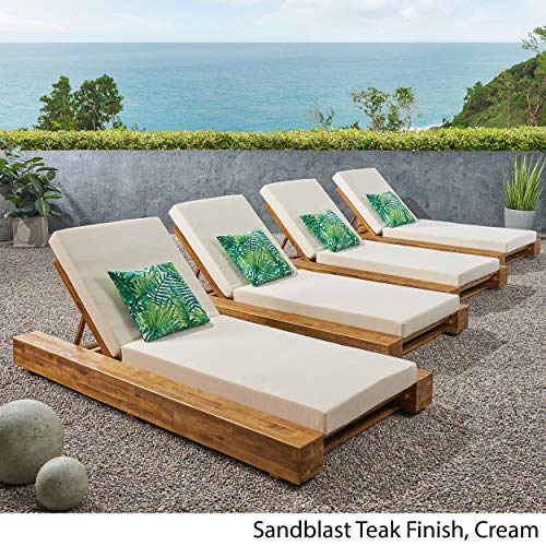 Great Deal Furniture Outdoor Acacia Wood Chaise Lounge Set of 4 Sandblast Teak Finish, Cream
