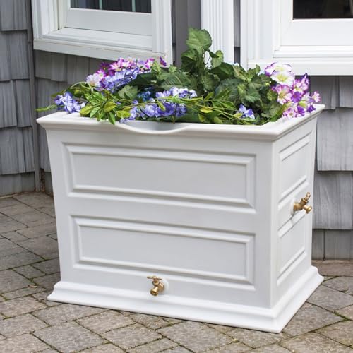 Good Ideas Savannah Colonial Style 42 Gallon Rain Saver Barrel with Planter and Brass Spigots Light Gray 4 Pack