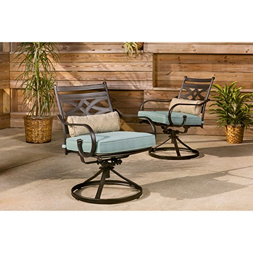 Hanover Montclair 7-Piece Outdoor Dining Set with 6 Swivel Rockers and Blue Cushions