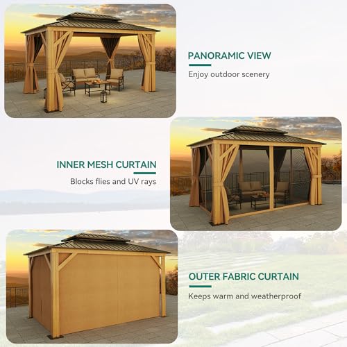 YITAHOME 10x12ft Hardtop Gazebo with Nettings and Curtains Brown