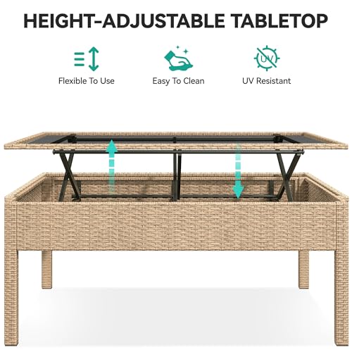 YITAHOME L-Shaped Patio Furniture Set All Weather Wicker Outdoor Sectional Sofa with Dining Table and Ottoman Light Brown Beige