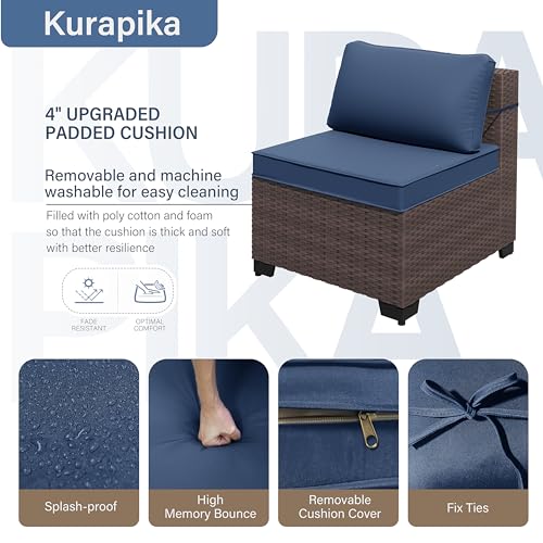 Kurapika 7-Piece Rattan Wicker Patio Furniture Set with Cushions and Glass Coffee Table Navy Blue