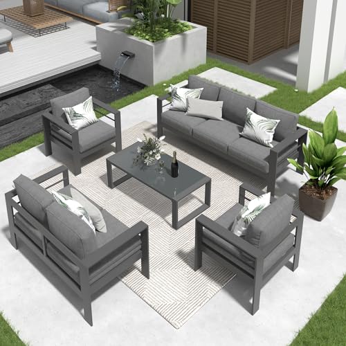 Solaste 5-Piece Aluminum Patio Furniture Set Modern Outdoor Sectional Sofa with Cushions and Glass Table Grey