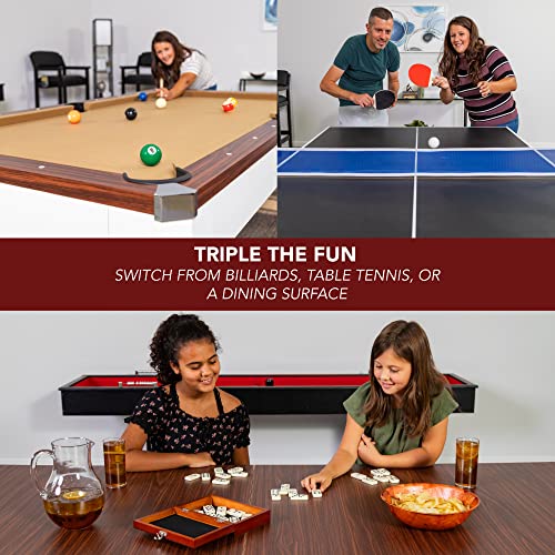 Hathaway Newport 7-ft Pool Table Tennis Combination with Dining Top, Two STO Newport II 7-ft Pool Table Combo Set with Benches - White with Camel Felt - Walnut