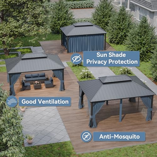 Kurapika 12' x 16' Hardtop Gazebo Outdoor Metal Pavilion with Galvanized Steel Roof, Curtains & Netting Navy Blue