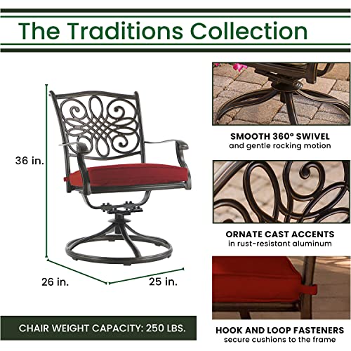 Hanover Traditions 11-Piece Modern Outdoor Dining Set with Rust Resistant Cast Aluminum Table and 10 Red Swivel Rocker Chairs