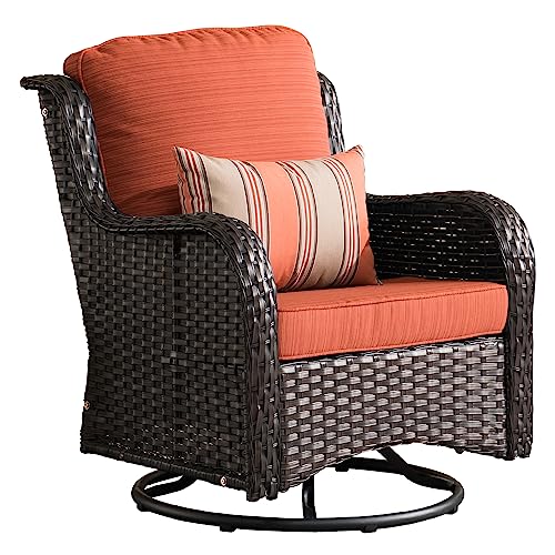 Generic Outdoor Furniture Set 3 Pieces Swivel Rocking Chairs Rattan Wicker Bistro Set with Side Table Orange Red