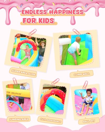Doctor Dolphin Inflatable Bounce House Ice Cream Doughnut Party with Blower, Slide & Ball Pool Pink and Yellow