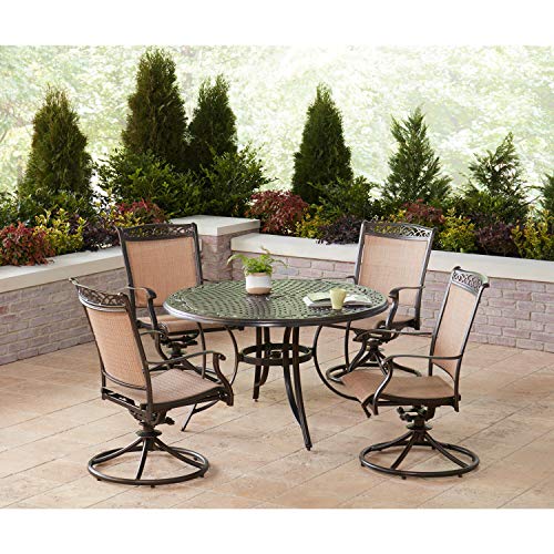 Hanover Fontana 5-Piece Patio Dining Set with Tan Sling Swivel Rocker Chairs and 48" Round Table