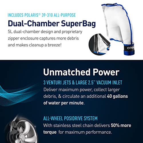 Polaris P39 Pressure Side Pool Cleaner - All Wheel Drive - TailSweep PRO - Dual Chamber SuperBag - White