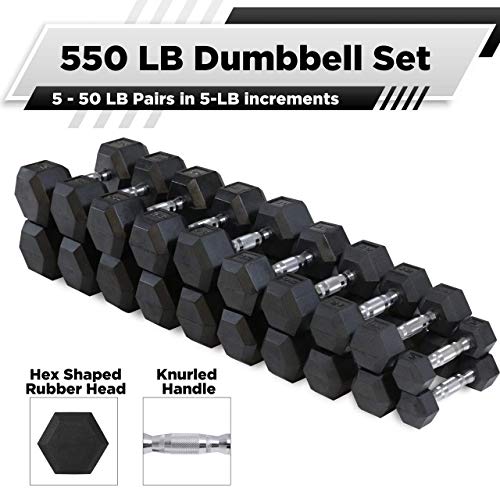 WF Athletic Supply Rubber Coated Hex Dumbbell Set - 5-50LB Dumbbells Only