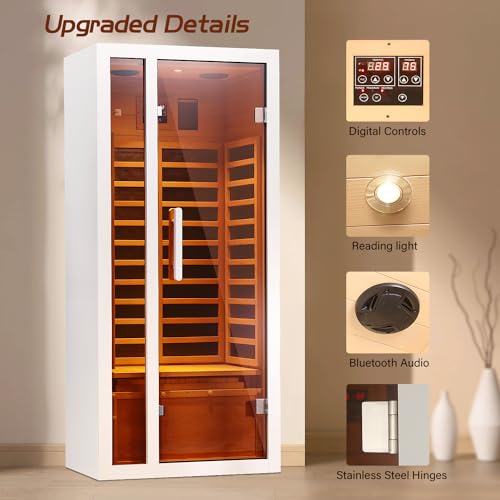 Vanity Art 2024 Far Infrared Sauna 1 Person Hemlock Wood Low EMF 6 Heating Panels 1660 Watt Bluetooth LCD LED Lights