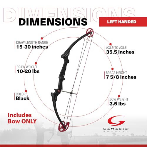 GENESIS Archery Compound Bow with Adjustable Draw Length 15"-30" & Weight 10-20 lbs for Left-Handed Black
