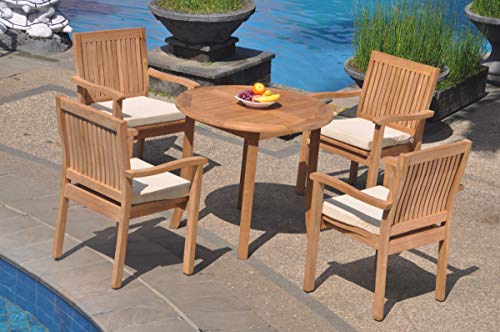 WholesaleTeak 5-Piece Grade-A Teak Wood Dining Set with 36" Round Table and 4 Stacking Arm Chairs Teak