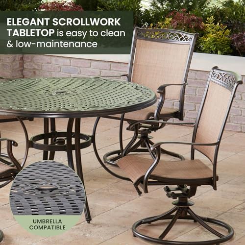 Hanover Fontana 5-Piece Patio Dining Set with Tan Sling Swivel Rocker Chairs and 48" Round Table