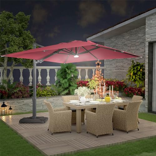 MONDAWE 10x13 ft Cantilever Umbrella with LED Light, 360° Rotation, Aluminum Frame Red (LED + Bluetooth)