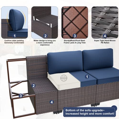 Kurapika 7-Piece Rattan Wicker Patio Furniture Set with Cushions and Glass Coffee Table Navy Blue