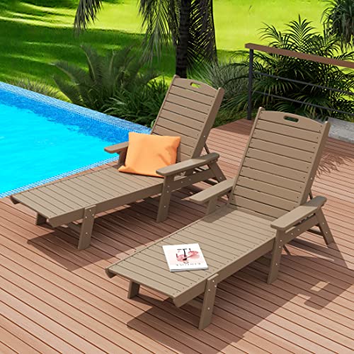 WestinTrends Malibu Poly Reclining Chaise Lounge Set with Table Weathered Wood