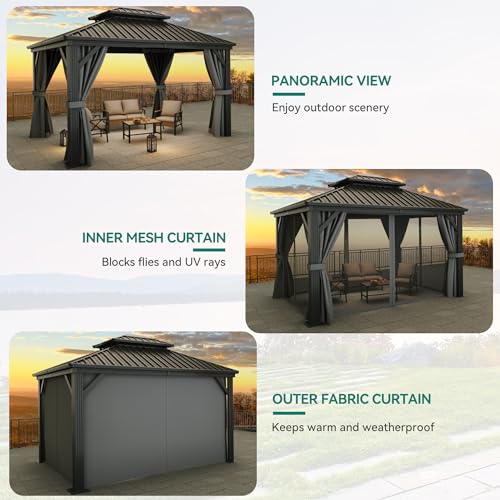 YITAHOME 10x12ft Hardtop Gazebo with Nettings and Curtains Gray