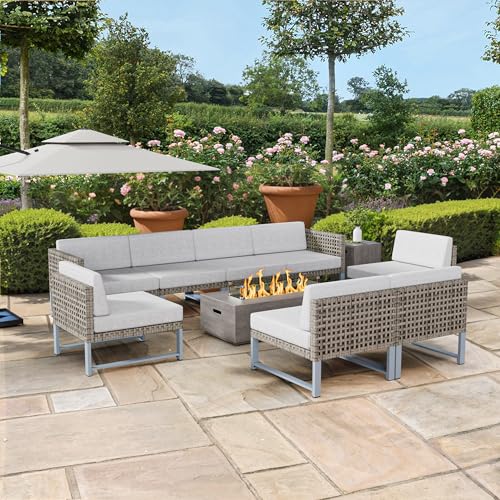 SUNPEAK Outdoor Patio Furniture Set with Sectional Couch and Fire Pit Table Light Brown Wicker 9 pcs