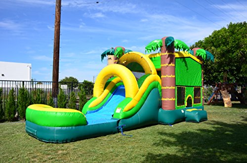 JumpOrange Commercial Inflatable Tropical Aloha Bounce House with Slide and Blower Aloha Tropical Mega 5-in-1 Wet/Dry Combo
