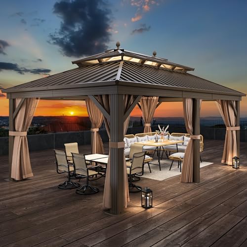 YITAHOME 12x18ft Hardtop Gazebo Heavy Duty with Nettings and Curtains Bronze