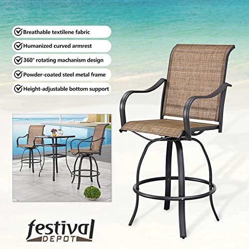 Festival Depot 8pcs Patio Dining Set Bar Height Stools Swivel Bistro Chairs Tempered Glass Top Table Metal Outdoor Furniture Brown