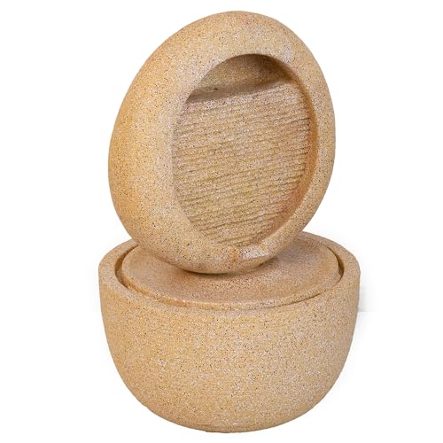 Kaimei Cement Tabletop Fountain with Light and Pump, 2-Tiered Indoor/Outdoor Decor Beige+Yellow