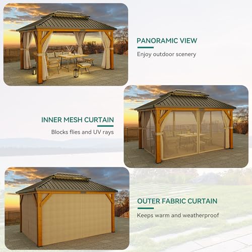 YITAHOME 13x15FT Wood Gazebo Double Roof Hardtop Canopy with Curtain and Netting Beige Yellow