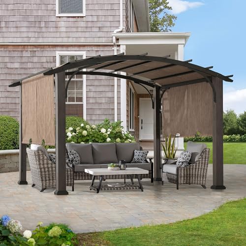 Sunjoy 10’ x 12’ Outdoor Steel Arched Pergola with Adjustable Canopy Tan