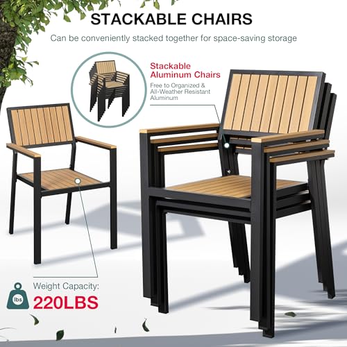 Pamapic 6-Piece Outdoor Aluminum Patio Dining Set with Plastic-Wood Table Top and 4 Stackable Chairs Teak