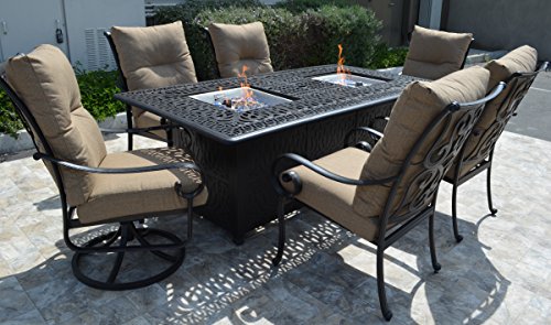 theWorldofpatio 7pc Santa Anita Cast Aluminum Dining Set with Propane Fire Pit Antique Bronze