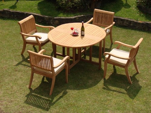 WholesaleTeak 5 Pc Luxurious Grade-A Teak Dining Set - 48" Round Butterfly Table & 4 Stacking Arbor Arm Chairs
