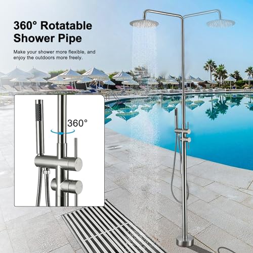 RBROHANT Freestanding Outdoor Shower Nickel, Height Adjustable Outside Showers for Backyard Garden Pool Beach, Outdoor Shower Fixtures with 10” Rain Shower Head and Handheld, Brushed Nickel