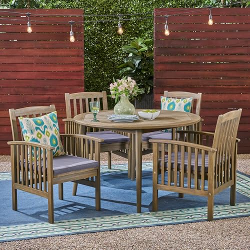 Christopher Knight Home Casa Outdoor Acacia Wood 5 Piece Dining Set with Round Table and Cushions Gray + Dark Gray