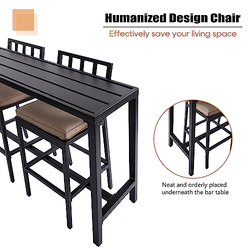 ONLYCTR 7 Piece Outdoor Bar Set with Cushions, Metal Patio Bar Table and Stools, Black