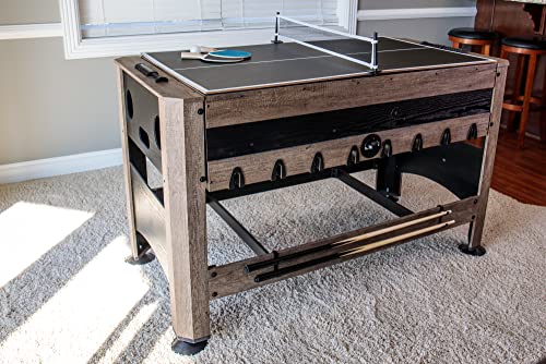 Triumph 56” 4-in-1 Swivel Multi-Game Table - Air Hockey, Billiards, Foosball, Ping Pong - Rustic Wood Grain Finish Brown