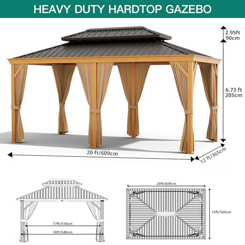 GAOMON 12x20ft Hardtop Gazebo with Netting and Curtains Wood Grain
