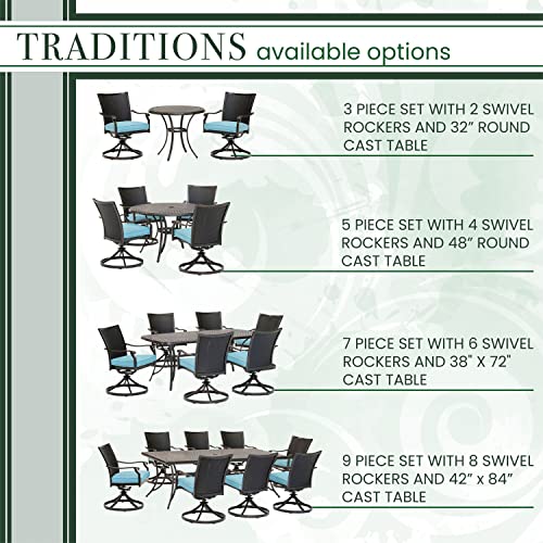 Hanover 5-Piece Outdoor Patio Dining Set for 4 with Cushioned Wicker Rocker Chairs and 48" Round Table Blue